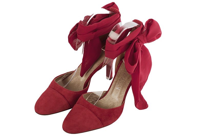 Cardinal red women's open side shoes, with a scarf around the ankle. Round toe. High slim heel. Front view - Florence KOOIJMAN